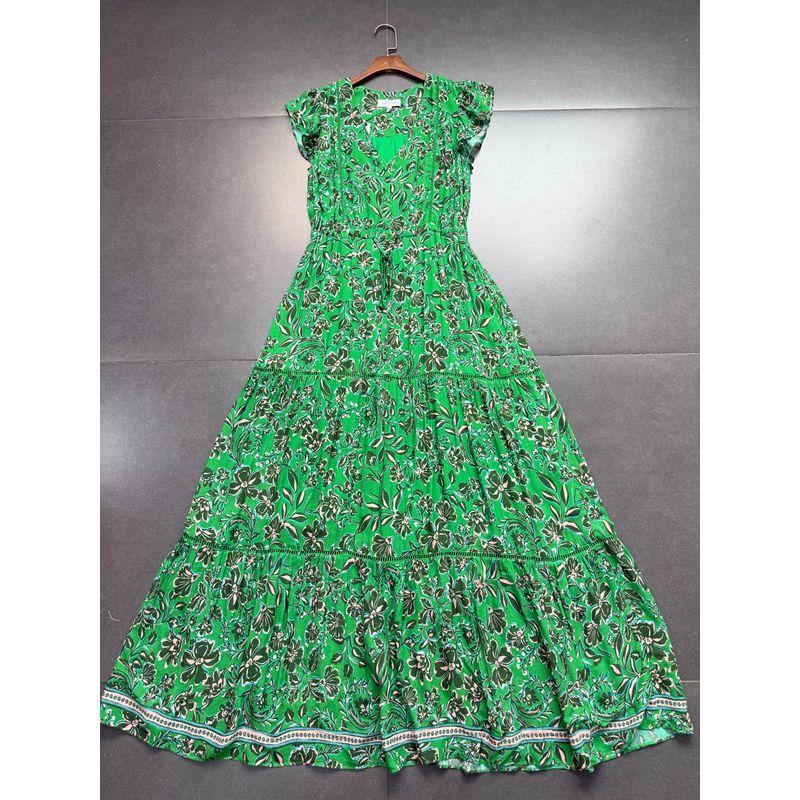 

Foreign Trade Order L0st + W @ Nder Rayon Texture Comfortable Green Flying Sleeves V-neck Dress Long dress Green Print Long Dress XS