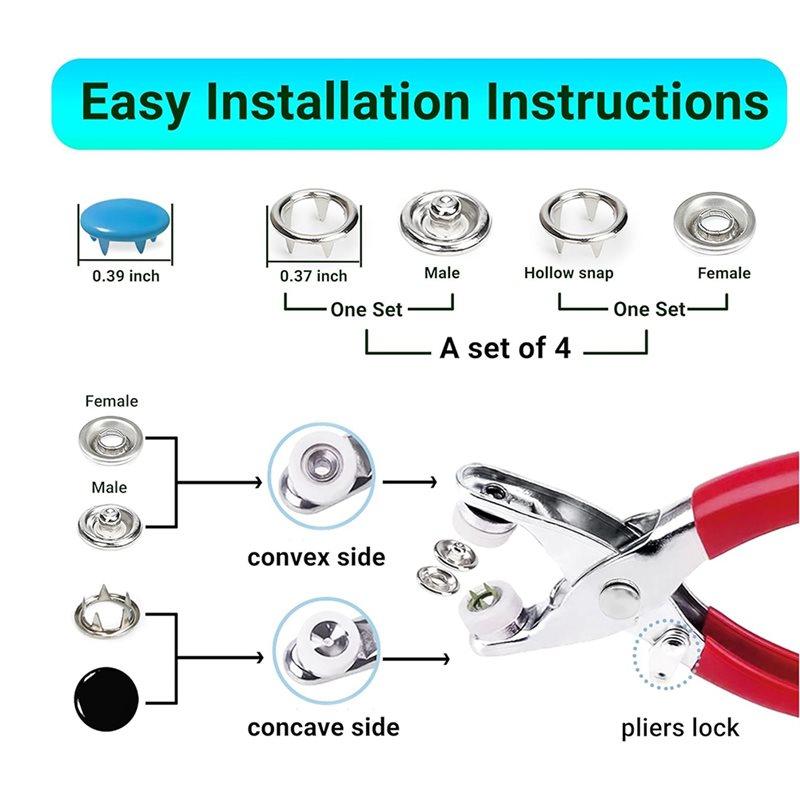 ABWR-Sewing Snaps In 10 Colors Metal For Fabric Solid With Fastener Pliers Tool Kit For DIY Craft Clothing Projects