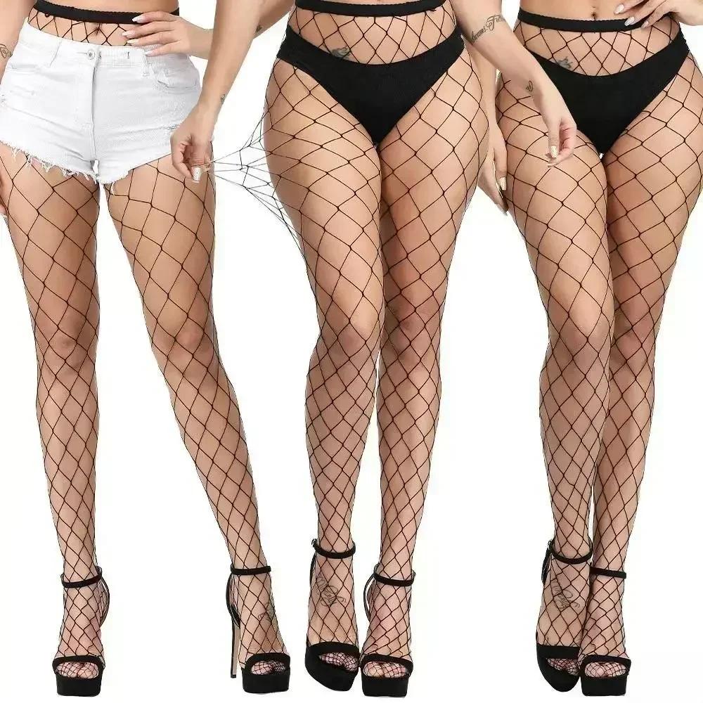 Freeauce Oversize Women Plus Size Black Lace Top Stay Up Anti-Slip Over Thigh Knee High Elastic Sexy Fishnet Long Sock Stockings