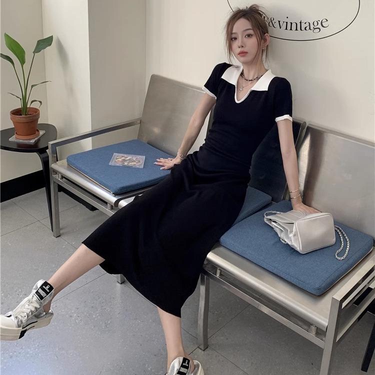 2026 Summer Polo Collar Knit Dress - Women's Slimming A-line Short Sleeve Long Dress