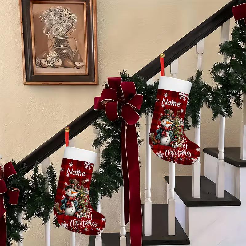 Santa Claus Snowflake Plaid Large Christmas Stocking with Hanging Rope