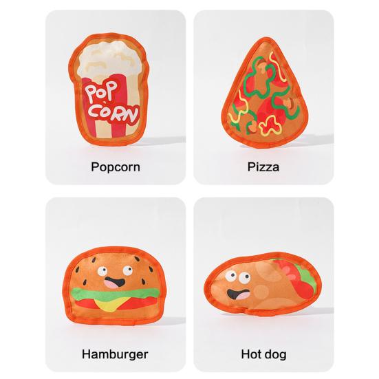 Hamburger Dog Chew Toy with Squeaker Pizza Hot Dog Popcorn Sausage Teething Cleaning Toy Interactive Toy for Small Medium Large