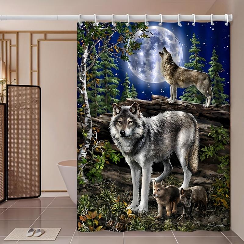 Wolf Family Shower Curtain Moonlight Forest Scene Wild Animal Art Nature Decor Waterproof Fabric Bath Curtain Set Home
