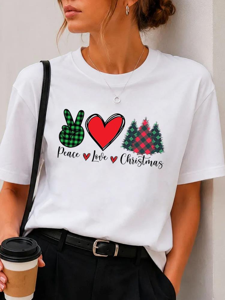 (Asian Size) Plaid Trend Cute Merry Christmas Fashion Short Sleeve T-shirts Women's Top O-neck T Shirt Print Casual New Year Clothing Graphic Tee