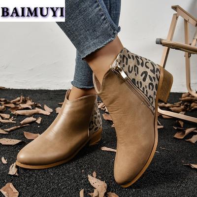 Luipaard Dames Middenhoge Hakken Sneeuw Enkellaarsjes Leren Schoenen Winter 2025 Nieuwe Trend Chelsea Boots Casual Chunky Pumps Retro Botas Mujer