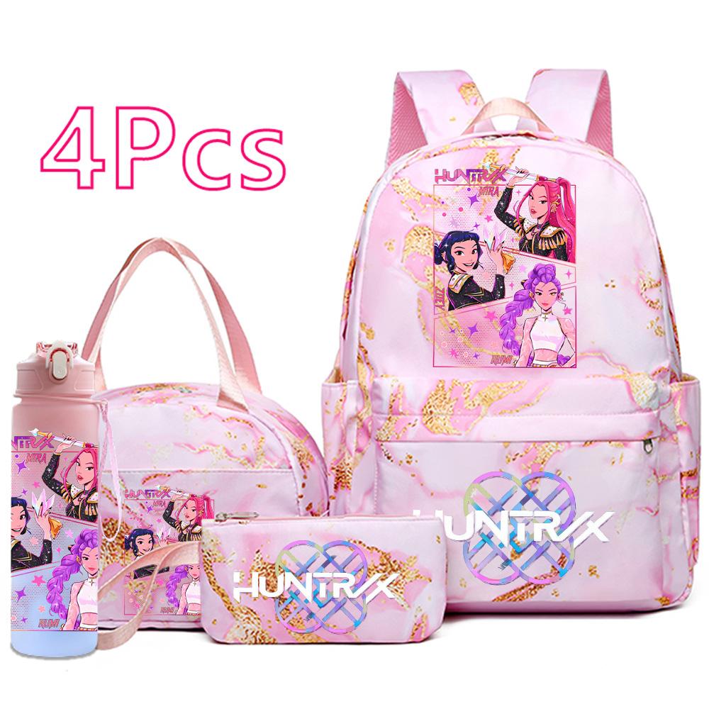 Set 4 buc/set Rucsac cu Imprimeu Vânătorii de Demoni, Geantă de Mână, Toc de Creioane, Sticlă de Apă 750ml pentru Adolescent Băiat Fată Rucsac Școlar Impermeabil cu Capacitate Mare