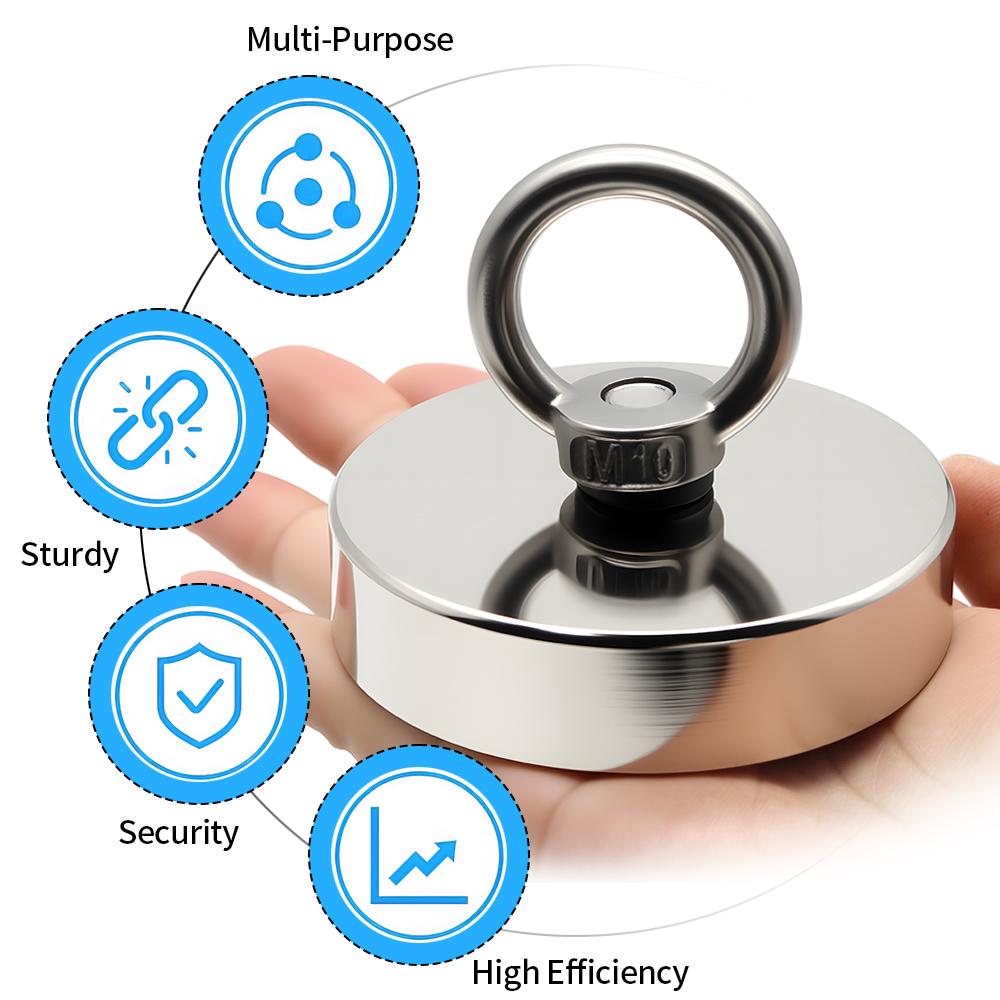 D16-D120MM Neodymium Fishing Magnet N52 Heavy Duty Rare Earth Magnet with Countersunk Hole Eyebolt Salvage Magnetic