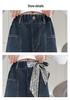 Girls' High-Waisted Wide-Leg Jeans - Deep Blue Multi-Pocket Slimming Pants for Older Children