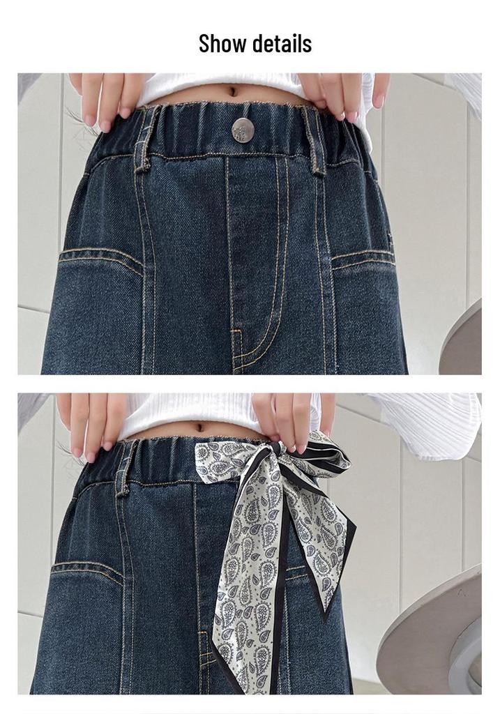 Girls' High-Waisted Wide-Leg Jeans - Deep Blue Multi-Pocket Slimming Pants for Older Children