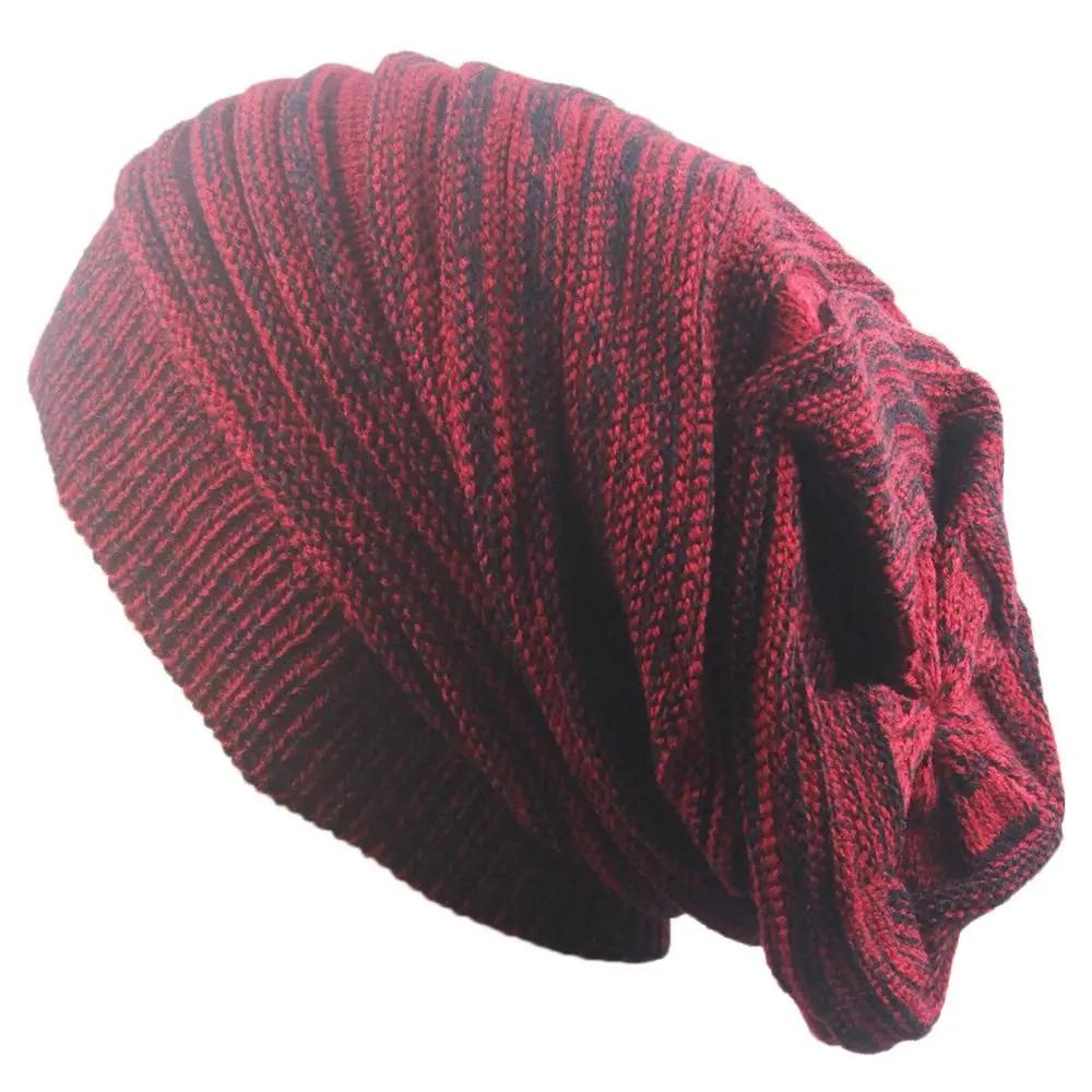New Warm Winter Knitted Hat Unisex Baggy Wool Cap Crochet Striped Ski Cap Women and Men