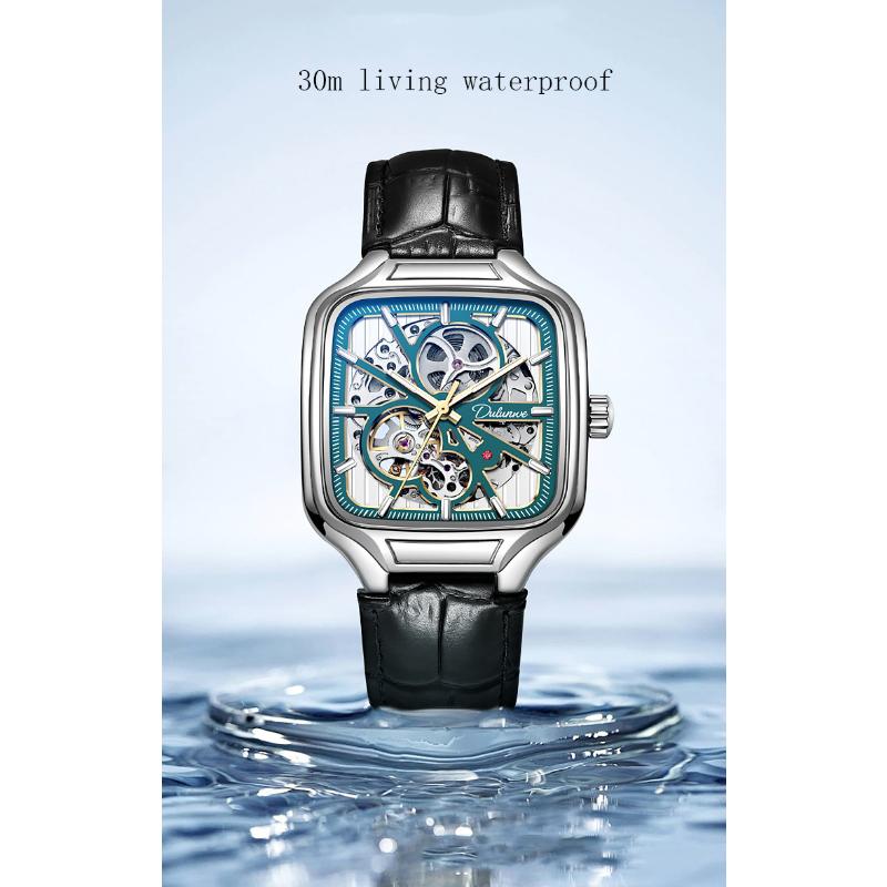 Dulunwe Mechanische Herrenuhr mit quadratischem Zifferblatt, wasserdicht, automatisch, Skelett, Geschenkuhr, leuchtend, lässig, Sportuhr, Herren-Business-Uhr