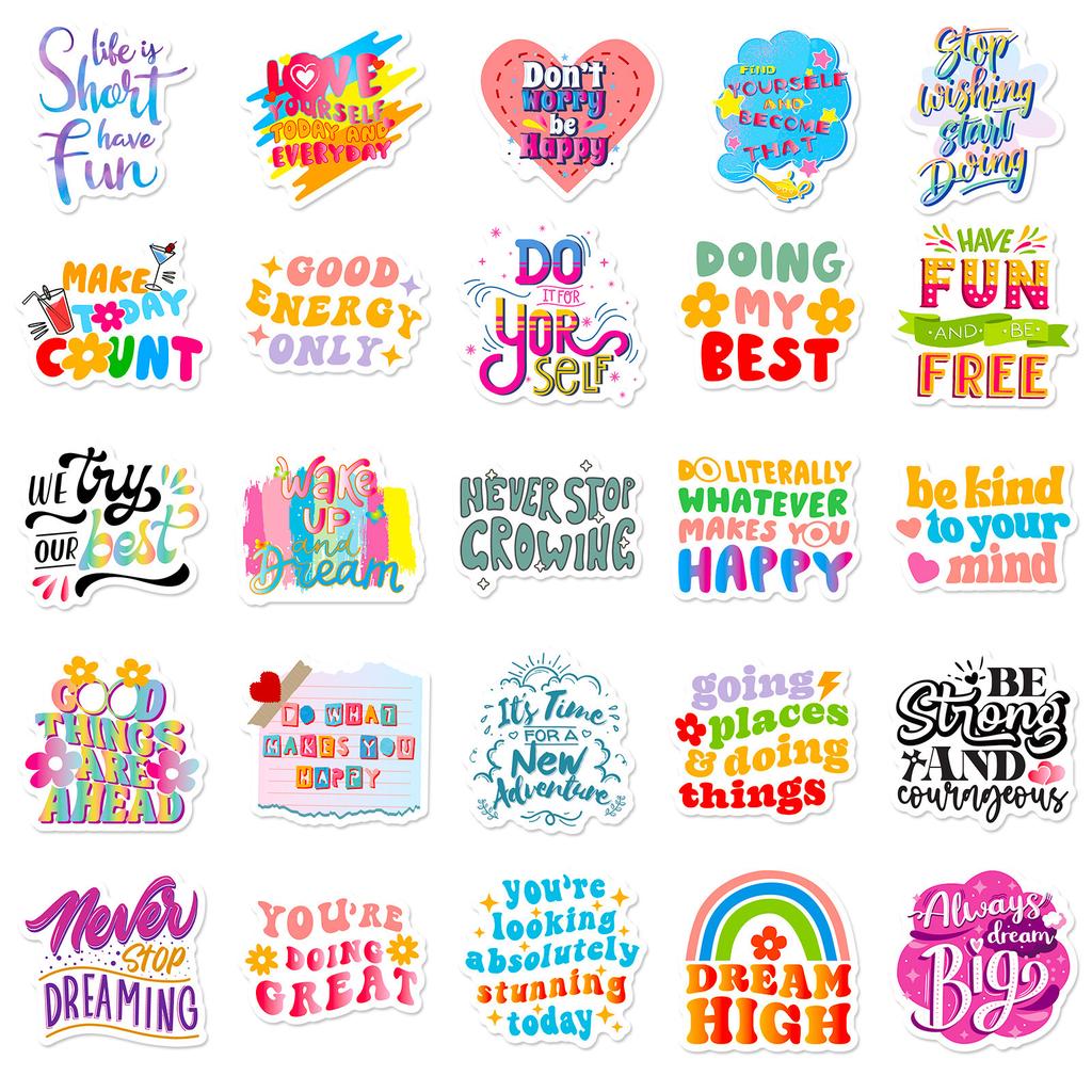 50 English Text Doodle Stickers Cartoon Color Encouragement Reward Stickers DIY Suitcase Decoration Stickers