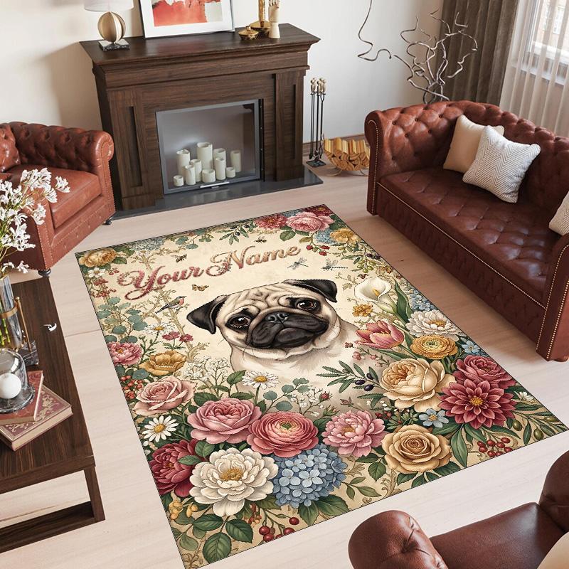 Pug Theme Crystal Velvet Floor Rug Personalized Custom Name Text Warm Carpet Home Decoration