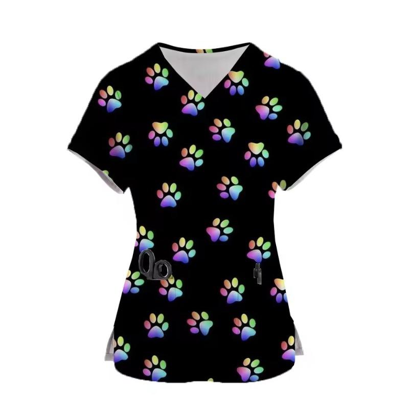 

Женская рубашка с V-образным вырезом и карманом, матовая, с принтом лапы питомца, матовая униформа, рубашка для ухода за питомцами, красоты, медсестры, спа M