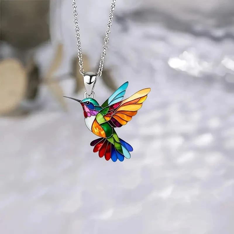 1PC Hummingbird Acrylic Colorful Bird Shape Fashion Necklace for Women Girls Neck Charms Spring Summer Jewelry  Party Gifts