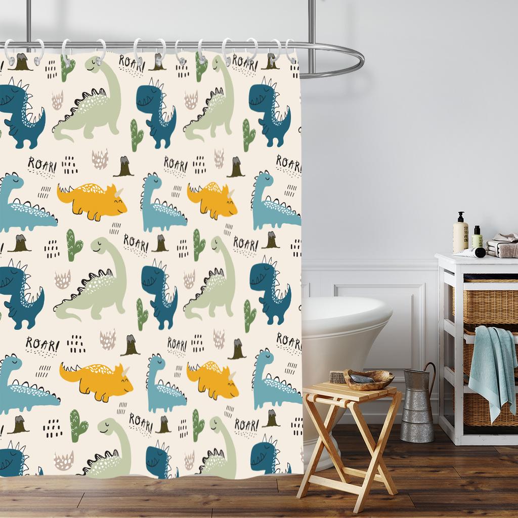 1Pc Cartoon Cute Dinosaur Print Waterproof Shower Partition Privacy Hanging Curtain With 12 Hooks Multiple Size Machine Washable