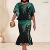 Women Plus Size Two Piece Set Round Neck Batwing Sleeve Printed Ruffle Hem Top Fishtail Skirt Dark Green Black