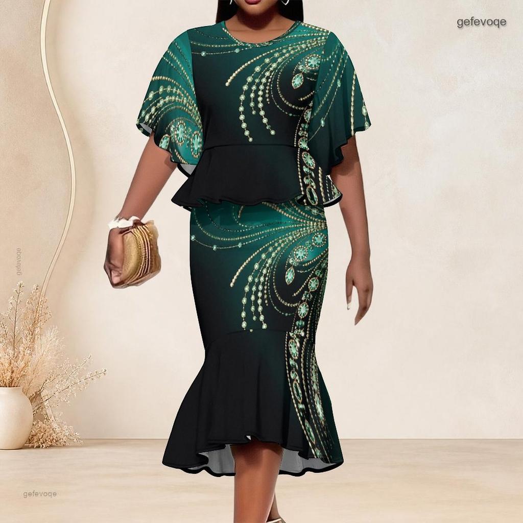 Women Plus Size Two Piece Set Round Neck Batwing Sleeve Printed Ruffle Hem Top Fishtail Skirt Dark Green Black