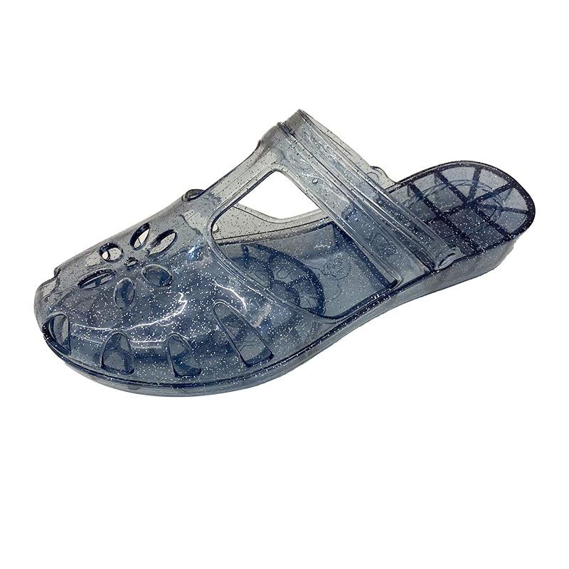 Dámské ležérní T-páskové křišťálové želé sandály Letní uzavřená kulatá špička Kotníkový pásek Plážové boty Průhledné třpytivé ploché pantofle pro ženy Nazouvací pantofle