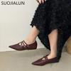 Fashion SUOJIALUN Autumn Women Flat Shoes Fashion Buckle Pointed Toe Shallow Slip On Boat Shoes Soft Flat Heel Outdoor DressBallerinas