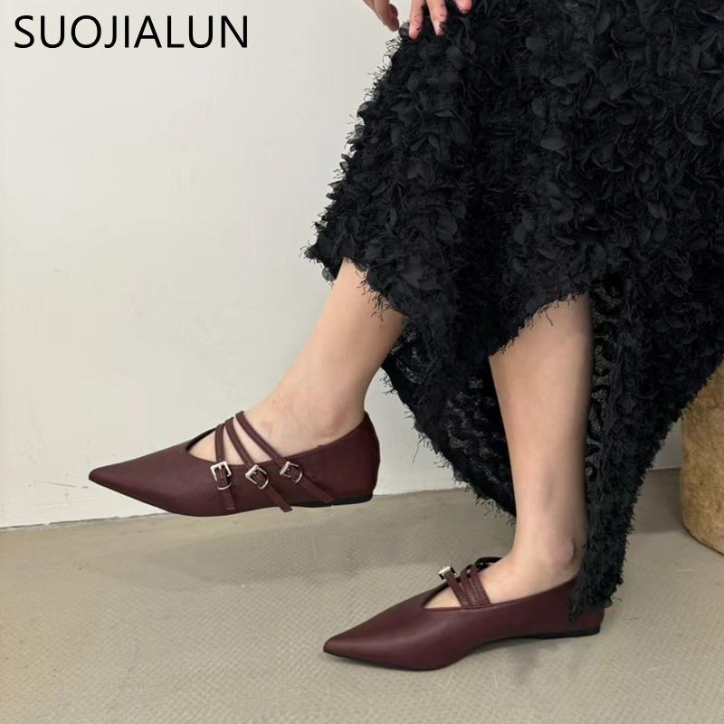 Fashion SUOJIALUN Autumn Women Flat Shoes Fashion Buckle Pointed Toe Shallow Slip On Boat Shoes Soft Flat Heel Outdoor DressBallerinas
