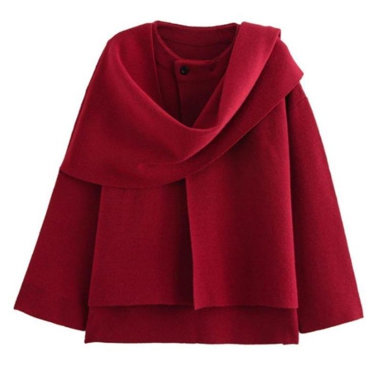 Loose Knitted Cape Cardigan Coat for Women Winter Fall Long Sleeve Shawl Jacket Lazy Style S красный