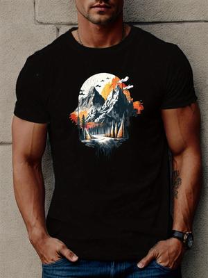 Berg Zonsondergang Bos Grafisch Heren Katoen Casual T-shirt Korte Mouw Ronde Hals Ademend Outdoor T-shirt