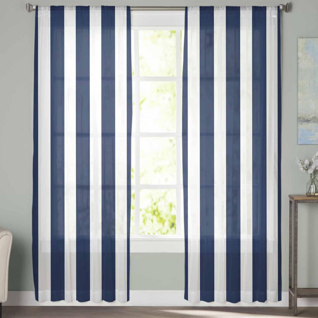 Striped Navy Blue Sheer Curtains for Kids Bedroom Living Room Voile Window Curtains Tulle Drapes