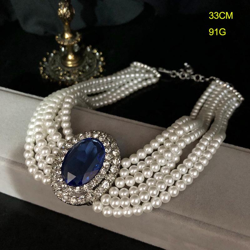 

French Retro Rhinestone Inlaid Elegant Sapphire Neck Chain Multi-layer Glazed Pearl Necklace Hepburn Style Collarbone Chain