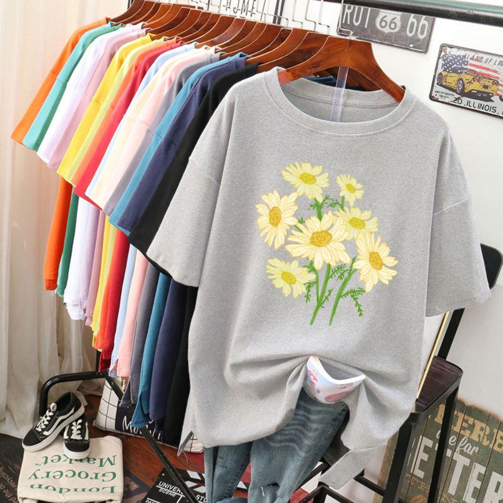 Street Baumwolle Damen T-Shirts Frisch Harajuku Gelbe Chrysanthemenblumen Drucke Oberteile Locker Rundhals Weiche T-Shirts Damenbekleidung