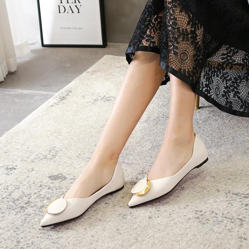 Flats Shoes Women Pointed Toe Soft leather Black Beige Lady Fashion Flats Round buckle Flat Sole Large Size 42 43