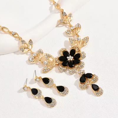 3pcs Luxurious and Elegant Flower Black Color Inlaid Zircon Necklace Earrings, Women's  Set, Banquet Accessories Gifts
