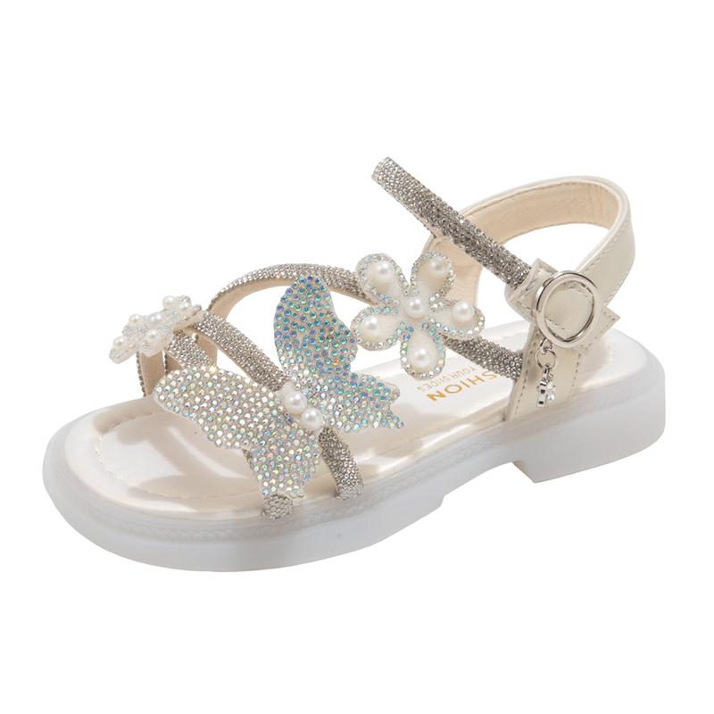 Girls Butterfly-knot Sandals Children Pearls Princess Sandals Soft Sole Kids Flowers Summer Beach Shoes Open Toe Size 26-36 26
