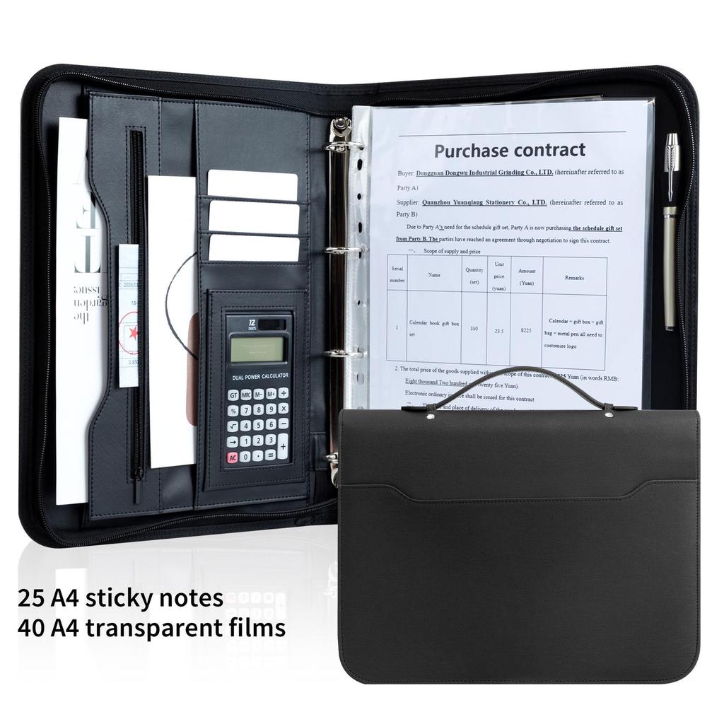 A4 Leather Manager Portfolio with Calculator - Portable, Multifunctional Zipper Folder for Customer Meetings and Room Transactions