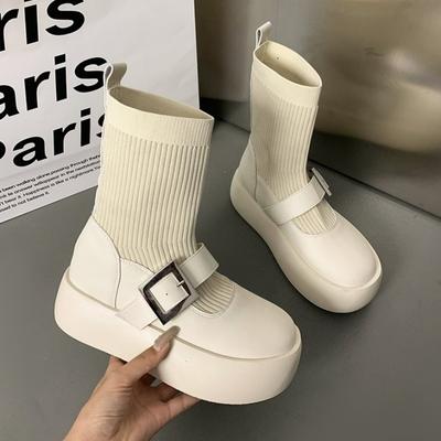 Fashion Brand Shoes Female 2024 Winter Korean Fashion Mary Jane Style Women's Sock Boots Waterproof Non-slip Thick-soled Short Boots