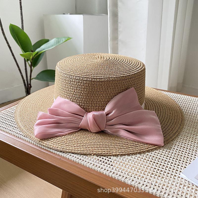 Hat Women's New Spring and Summer Straw Bow Straw Hat Versatile Flat Top Sunscreen Sun Hat Tide