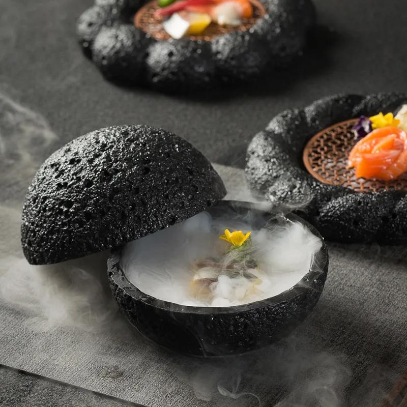 Hotel Dry Ice Plate Smoked Barbecue Planet Bowl Volcanic Stone Coal Ball Plate Molecular Cuisine Plate Concept Tableware