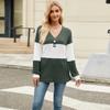Spring Autumn Long Sleeve Button V Neck Color Block Pit Women Pullover T Shirt Blouse Top
