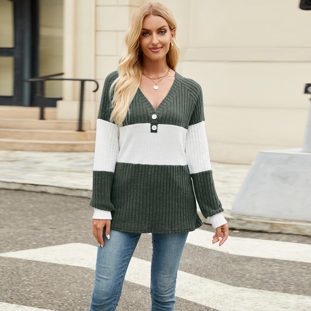 Spring Autumn Long Sleeve Button V Neck Color Block Pit Women Pullover T Shirt Blouse Top