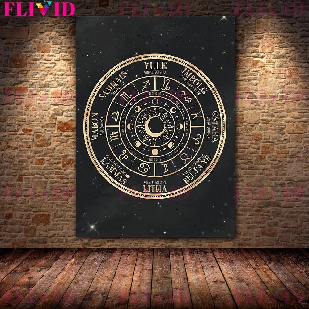 

Золотой ведьминский художественный постер и принт, готический домашний декор, ведьма, астрология, созвездия, настенное искусство, календарь ведьм, холст, картина без рамки 21*30cm