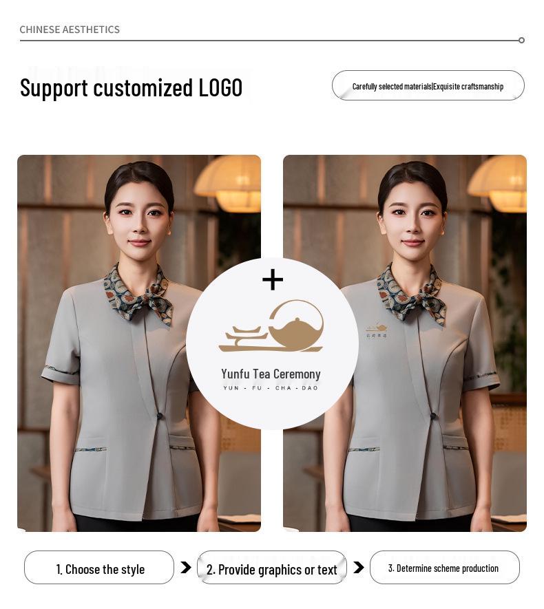 Damen Sommer Kurzarm-Uniform: Chinesischer Stil Catering, Hotel Lobby, Hot Pot Restaurant Empfangskleidung
