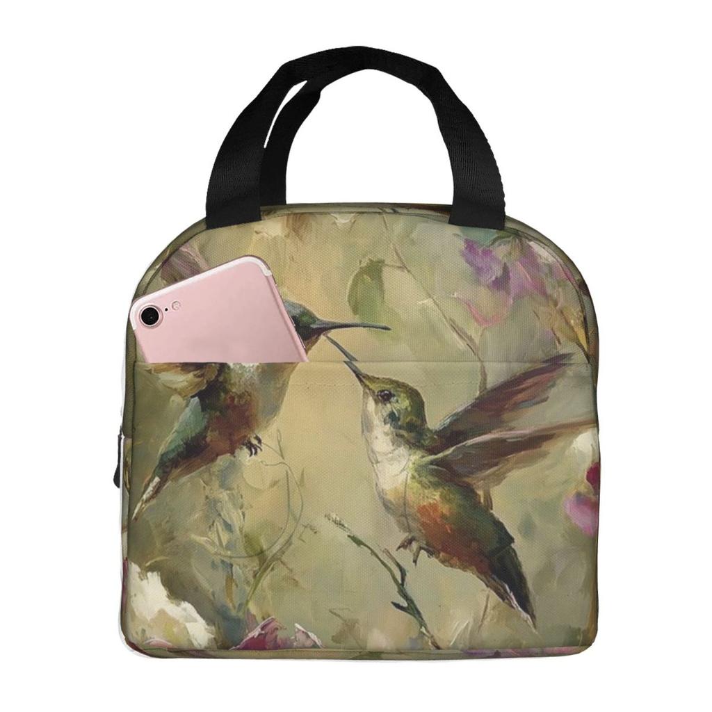Fågel Rosa Blomma Vintage Mönster Isolerad Lunchväska för Kvinnor Barn Bärbara Matlådor Termisk Lunchlåda Tote