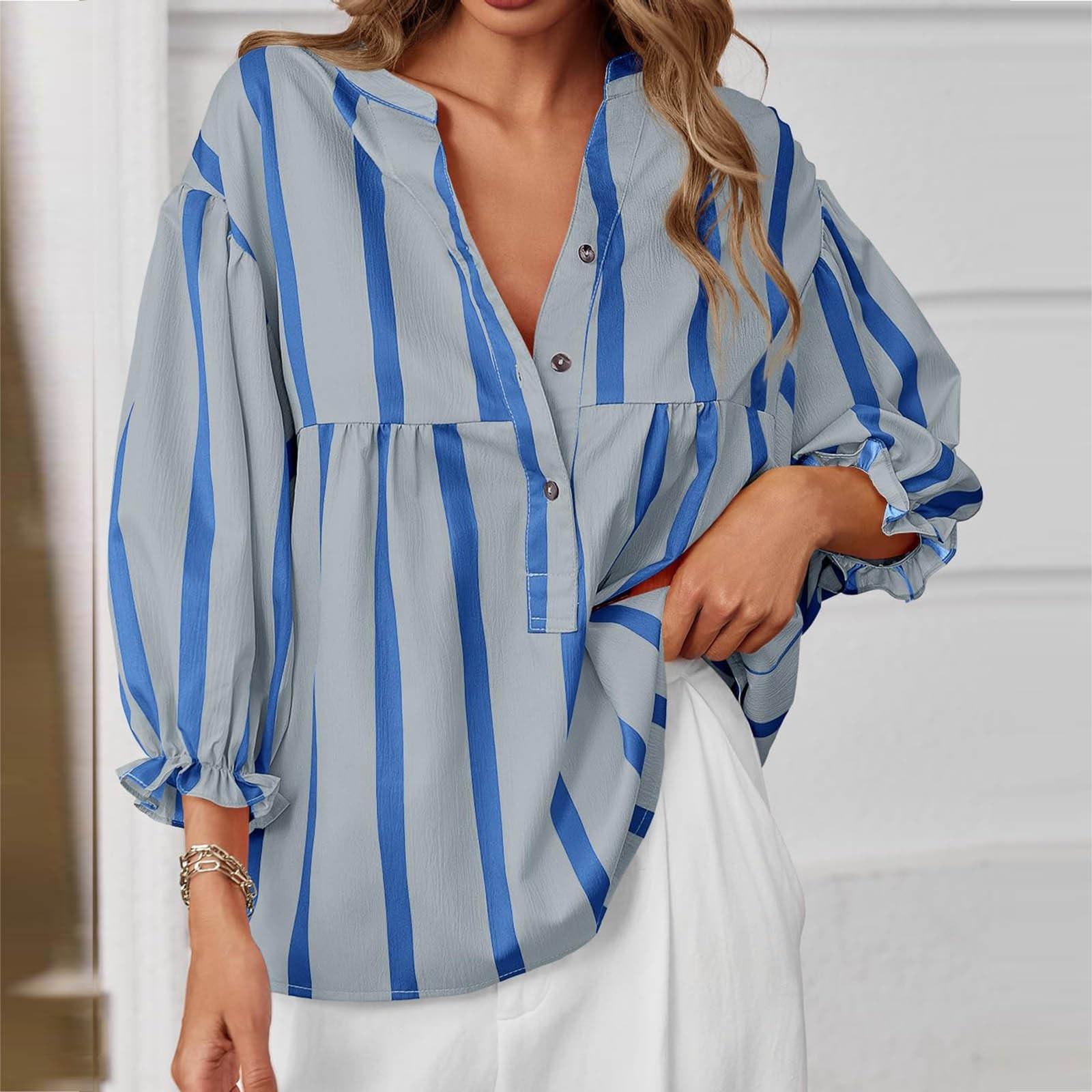

Женские рубашки оверсайз модные с полосатым принтом рукава 3/4 на пуговицах V-образный вырез свободная удобная футболка блузка топы L синий