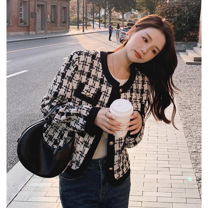 Giacchino Tweedino Profumato da Donna Plaid Bianco e Nero Nuovo Coreano Largo Piccolo Temperamento Top Corto