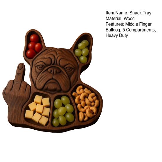 Zásobník na svačinu Bulldog se středním prstem 5 přihrádek Dřevěný servírovací podnos Zásobník na sýr, předkrmy a jídlo Prkénko na charcuterie Dárek pro milovníka psů