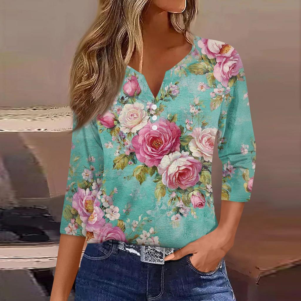 Damska koszulka z nadrukiem na guziki, rękaw 3/4, codzienna, weekendowa, modna, podstawowa, dekolt w serek, regularny top