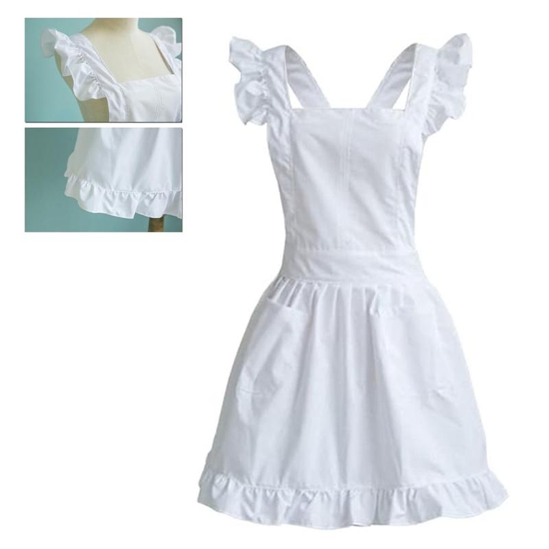 Women Ruffled Apron with Pocket Cotton Apron Pinafore Dress Ruffle Maid Apron Kitchen Cooking Apron for Baking Gardening