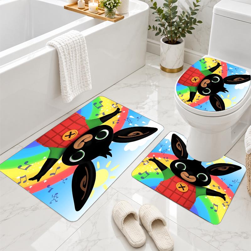 3Pcs Flannel Toilet Mat Set Bing Bunny Bathroom Rug Non Slip Bath Carpet Home Decor