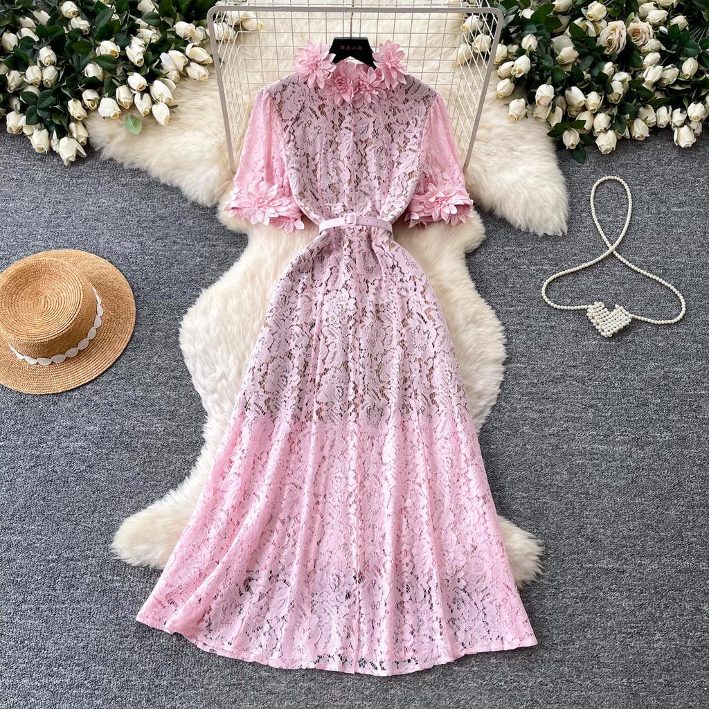 French Romantic Style Pink Lace Dress Women's Summer High Waist Waist A Word Long Dress Commuting Elegance Temperament, Has