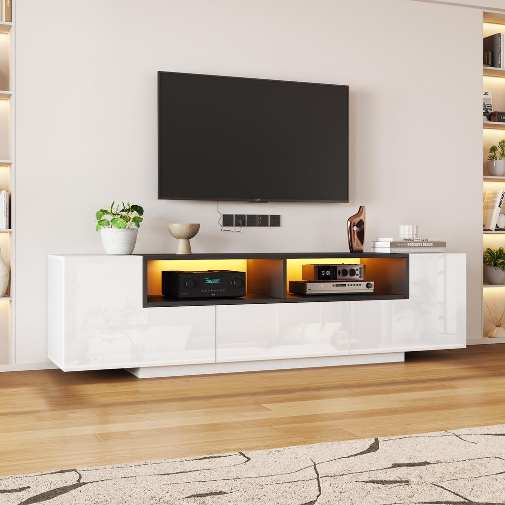 Freistehender TV-Schrank mit LED-Beleuchtung, L-Form und Schubladen, Hochglanz Weiß, Geeignet für 75-Zoll-Fernseher, Weiß+Schwarz, 180*40*48cm